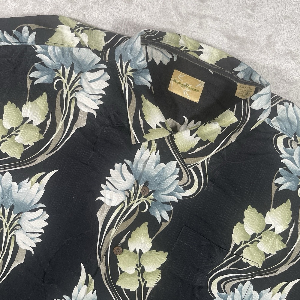 Tommy Bahama Shirt Mens 2XL Black Silk Hawaiian Aloha Tropical Floral Button Up